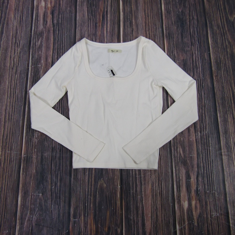 Madewell Womens 2XS White Square Neck Long Sleeve Crop Tee T Shirt
